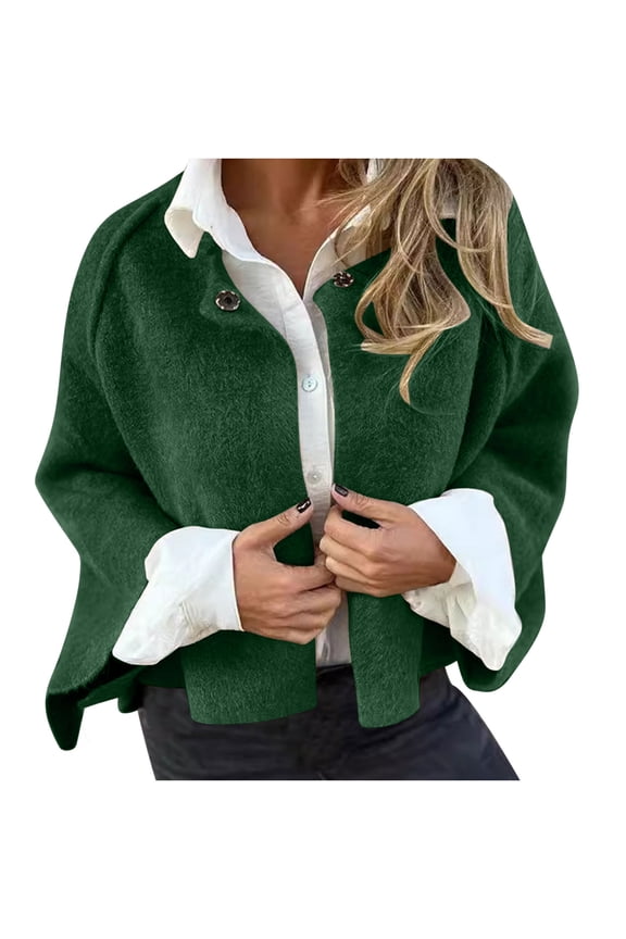 Women's Cropped Wool Blend Coat - Fall/Winter Short Button Cardigan Jacket Women's Long, Crocheted, and Duster Cardigans Autumn Fashion Sweater Green S