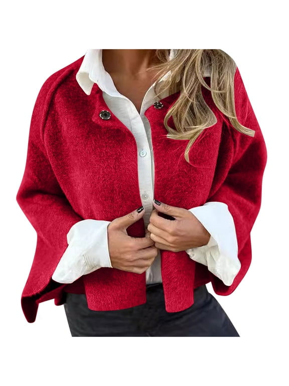 Women's Cropped Wool Blend Coat - Fall/Winter Short Button Cardigan Jacket Women's Long, Crocheted, and Duster Cardigans Autumn Fashion Sweater Red S