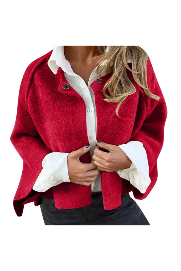 Women's Cropped Wool Blend Coat - Fall/Winter Short Button Cardigan Jacket Women's Long, Crocheted, and Duster Cardigans Autumn Fashion Sweater Red S