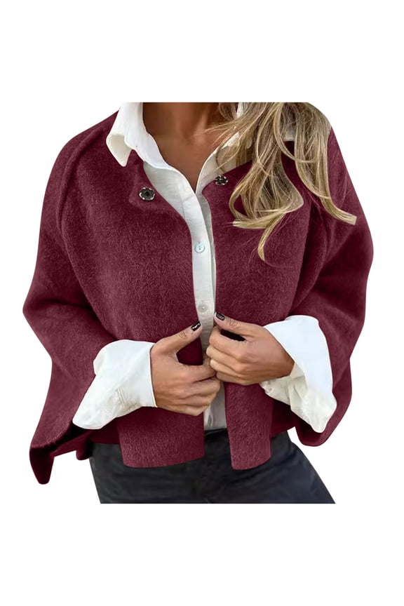 Women's Cropped Wool Blend Coat - Fall/Winter Short Button Cardigan Jacket Women's Long, Crocheted, and Duster Cardigans Autumn Fashion Sweater Wine XL