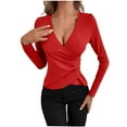 thumbnail image 1 of JGGSPWM Women's Cross Wrap Deep V Neck Long Sleeve Tops Asymmetric Ruffle Hem Ribbed T Shirt Button Design Slim Fit Flattering Blouse Red S, 1 of 4