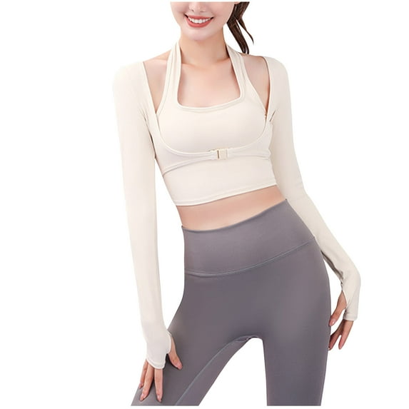 JGGSPWM Women's Cut-Out Workout Crop Top Long Sleeve Halter Tops Sports Padded Bra Front Buckle Closure Fitness Training Top White XXL