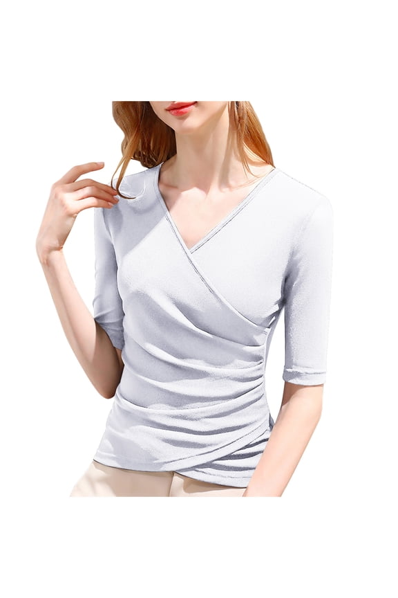 Women's Deep V Neck Slim Fit T-Shirt Front Wrap Ruched Short Sleeve Sexy Casual Wrap Top Sparkly Cross Sheer Sleeve Blouse White M
