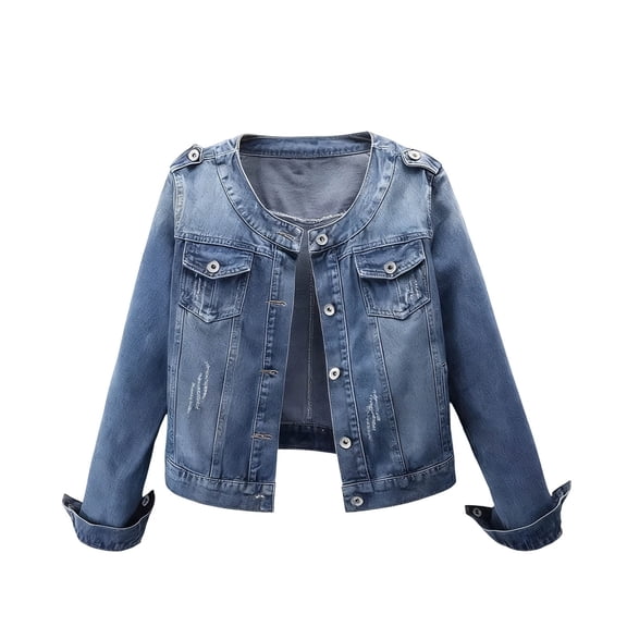 JGGSPWM Women's Denim Jacket Button Down Collarless Long Sleeve Washed Casual Loose Trendy Jean Jackets Blue XXXXL