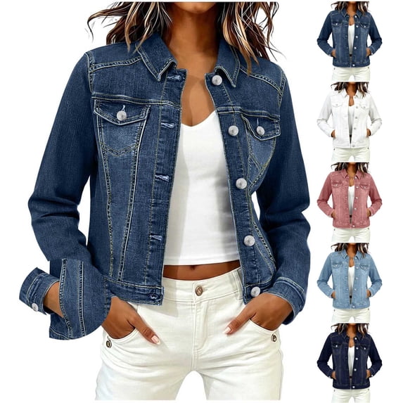 JGGSPWM Women's Denim Jacket Button Up Long Sleeve Basic Trendy Jean Jacket Coat with With Collar Button Front And Multi-Pockets Pink XXL