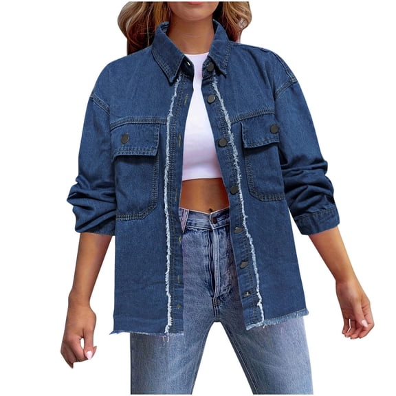 JGGSPWM Women's Denim Jackets Casual Loose Long Sleeve Button Down Washed Distressed Hem Jean Jacket Coats with Pockets Blue M