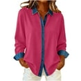 thumbnail image 1 of JGGSPWM Women's Denim Patchwork Button Down Shirts Dressy Loose Long Sleeve Lapel Tops Colorblock Business Casual Blouse Pink XXL, 1 of 7