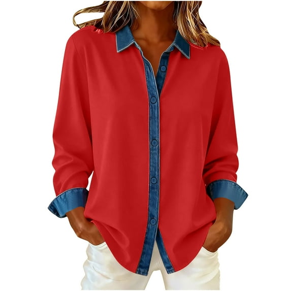 JGGSPWM Women's Denim Patchwork Button Down Shirts Dressy Loose Long Sleeve Lapel Tops Colorblock Business Casual Blouse Red XL