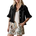 thumbnail image 1 of JGGSPWM Women's Denim Vest Button Down Cropped Jacket with Ruffles Trendy Half Sleeve Lapel Collar Waistcoat for Fall Tops Black XL, 1 of 6