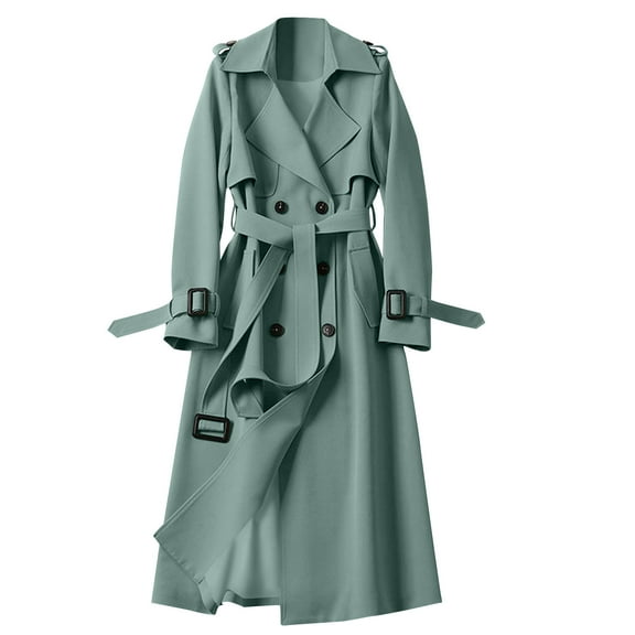 JGGSPWM Women's Double Breasted Long Trench Coat Belted Notch Lapel Overcoat Windproof Classic Outerwear Green M