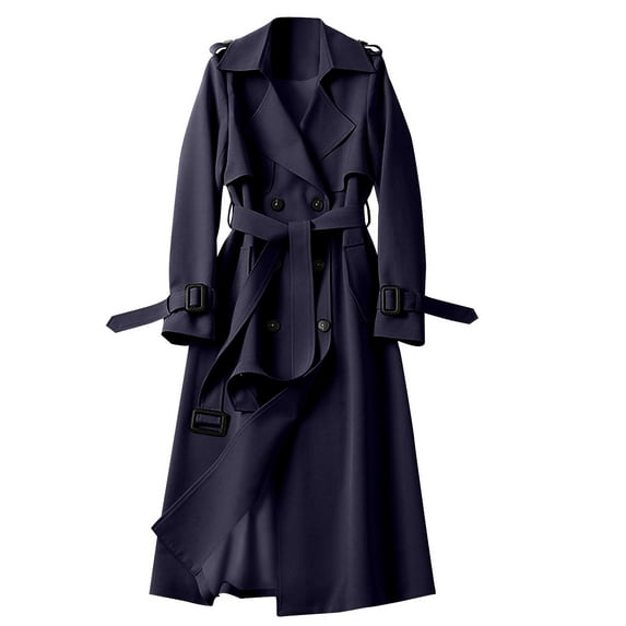 JGGSPWM Women's Double Breasted Long Trench Coat Belted Notch Lapel Overcoat Windproof Classic Outerwear Navy 2XL
