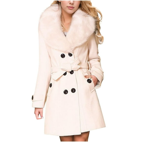 JGGSPWM Women's Double Breasted Midi Long Pea Coat Detachable Faux Furry Collar Long Sleeve Winter Trench Coat Notched Lapel Wool Blend Windproof Warm White L