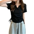 thumbnail image 1 of JGGSPWM Women's Drawstring Side Ruched Dressy Casual Slim Fit T-Shirt Top Black L, 1 of 4