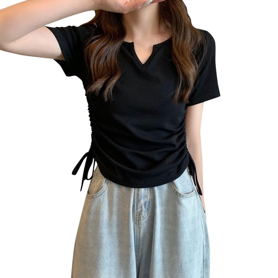 JGGSPWM Women's Drawstring Side Ruched Dressy Casual Slim Fit T-Shirt Top Black L