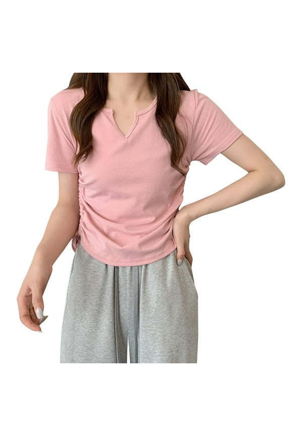 Women's Drawstring Side Ruched Dressy Casual Slim Fit T-Shirt Top Pink M