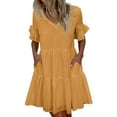 thumbnail image 1 of JGGSPWM Women's Dresses V Neck Solid Pocket Dress Casual Regular Fit Short Sleeve Summer Dress A-line Ruffle Dress Yellow XXL, 1 of 9