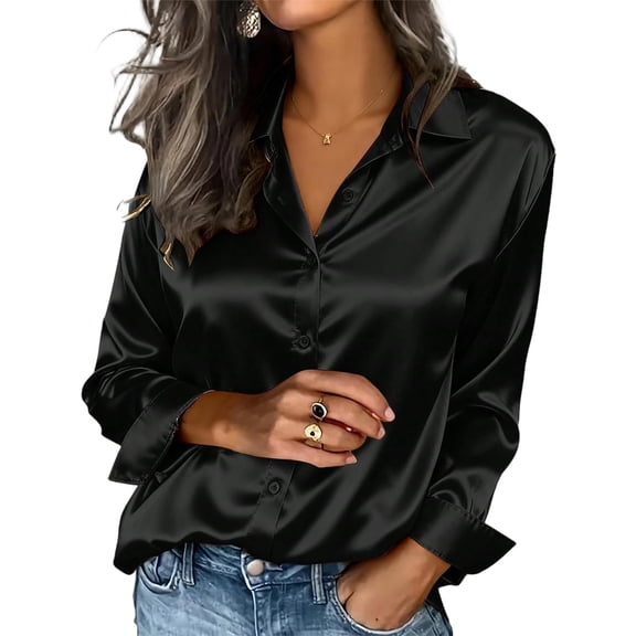 JGGSPWM Women's Dressy Business Casual Silk Blouses Solid Color Long Sleeve Button Down Satin Work Office Shirts Tops Black M