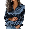 thumbnail image 1 of JGGSPWM Women's Dressy Business Casual Silk Blouses Solid Color Long Sleeve Button Down Satin Work Office Shirts Tops Blue XL, 1 of 5