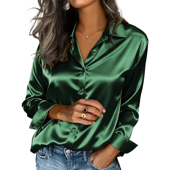 JGGSPWM Women's Dressy Business Casual Silk Blouses Solid Color Long Sleeve Button Down Satin Work Office Shirts Tops Green S