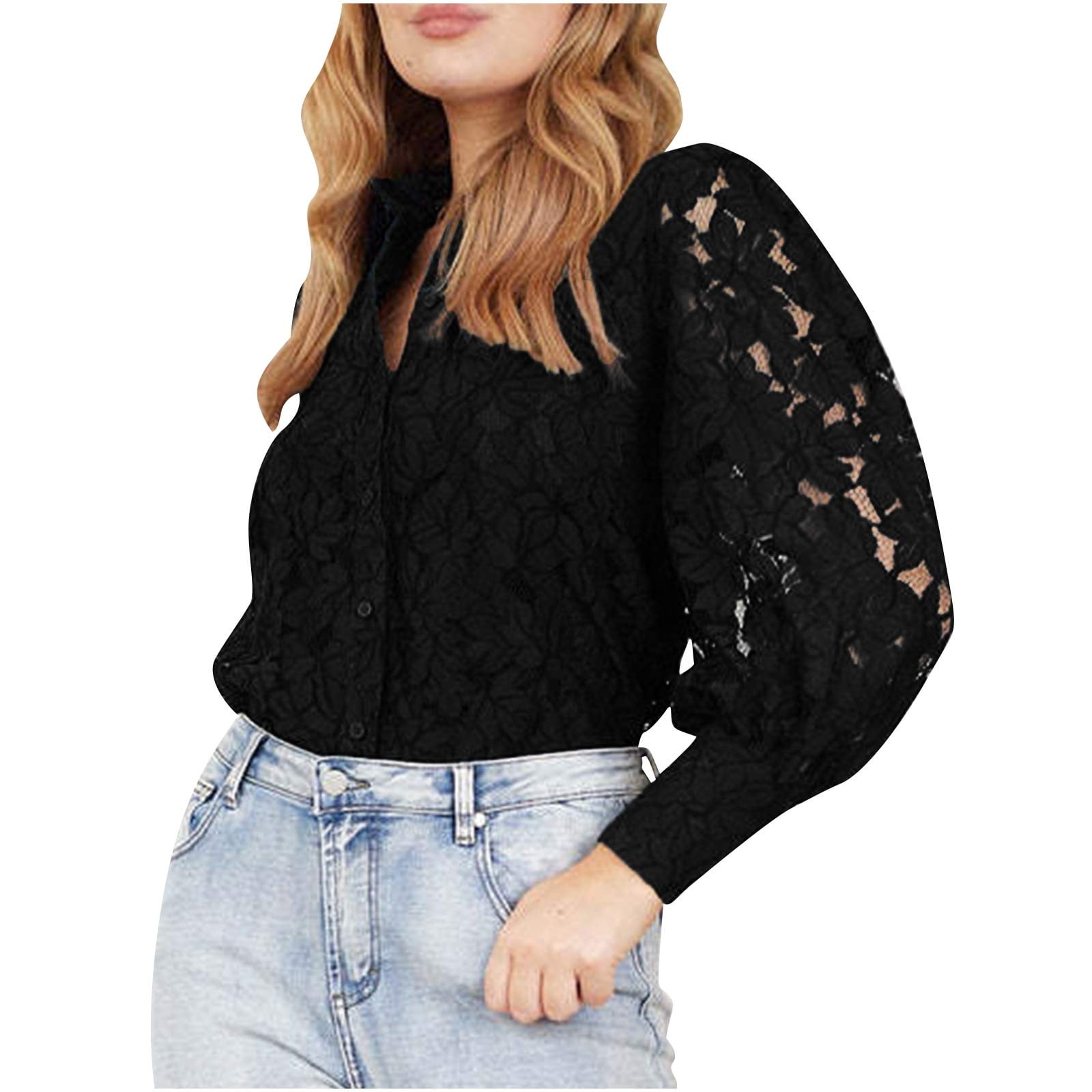 JGGSPWM Women s Dressy Cutout Lace Blouse Long Sleeve Casual Office Work Button Down Shirt Mock Neck Elegant Top Black 001 M Walmart