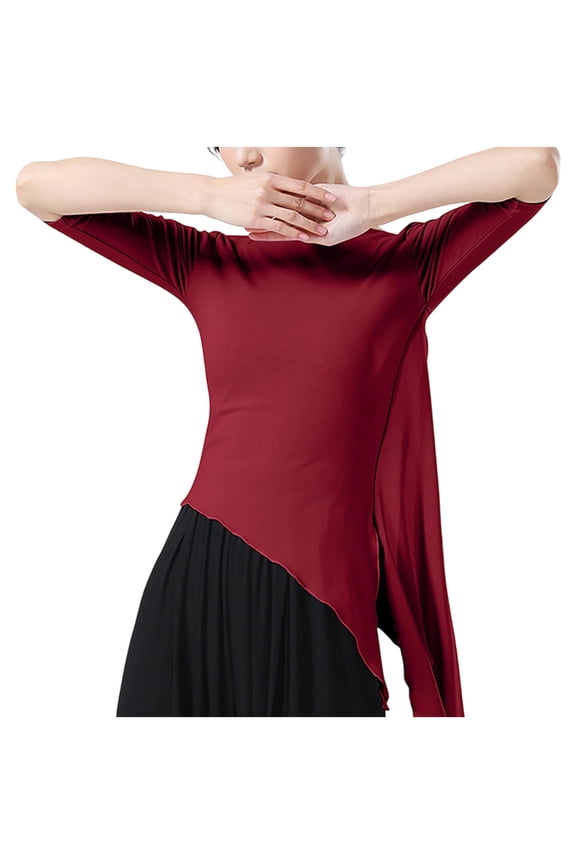 Women's Elegant Asymmetric Flowy Blouse Dressy Slim Fitted Half Sleeve Dance Shirts Slit Side Casual Tunic Tops Red XXXL