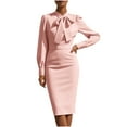 thumbnail image 1 of JGGSPWM Women's Elegant Business Dress Solid Color Long Sleeve Round Neck Casual Knee Length Bodycon Pencil Dress Pink L, 1 of 6