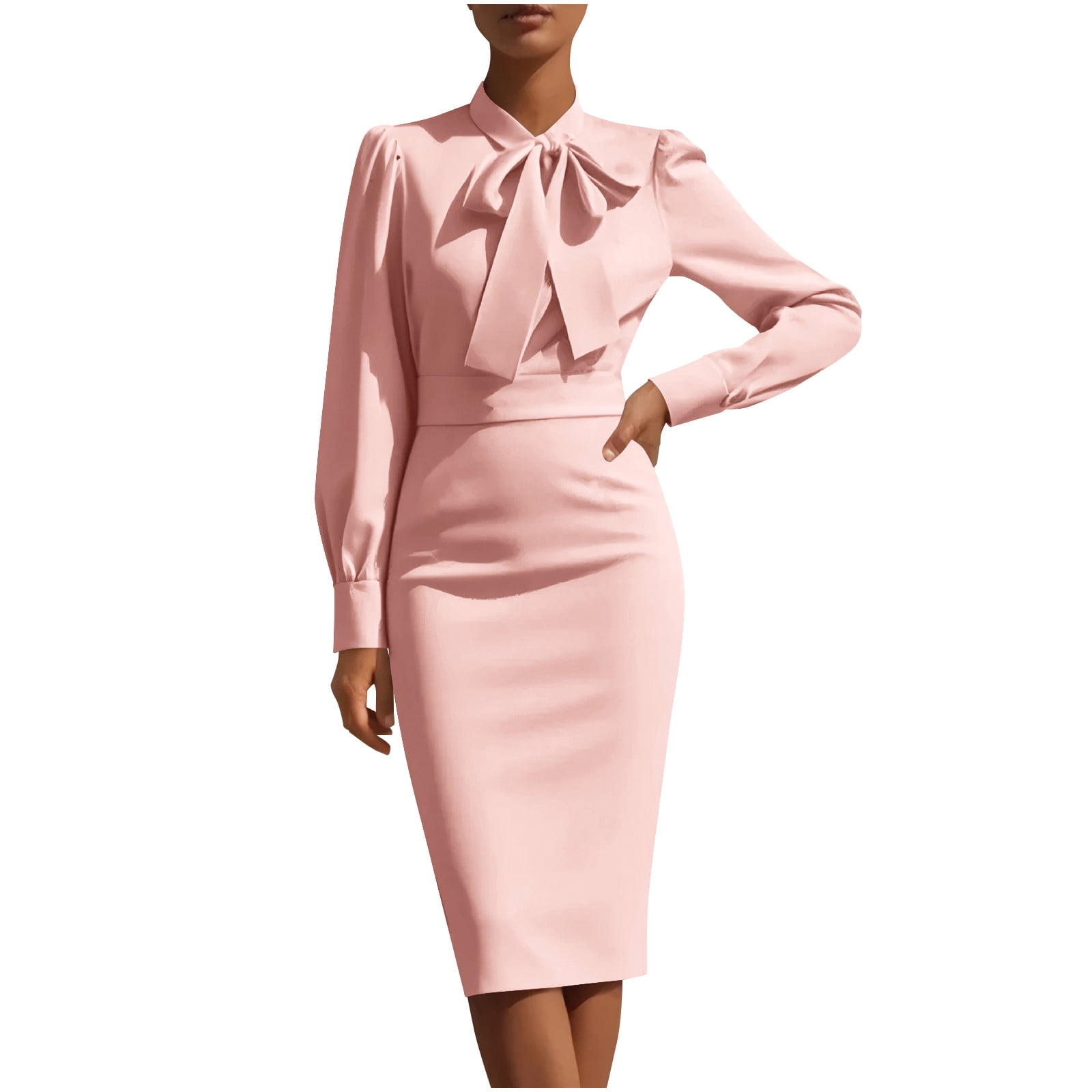 JGGSPWM Women's Elegant Business Dress Solid Color Long Sleeve Round Neck Casual Knee Length Bodycon Pencil Dress Pink S