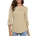 thumbnail image 1 of JGGSPWM Women's Elegant Casual Solid Plain 3/4 Sleeve Top Ruffle Trim Bell Sleeve Round Hem Crewneck Regular Fit Blouse Beige L, 1 of 8