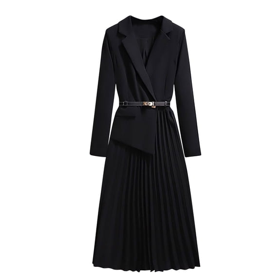 JGGSPWM Women's Elegant Dressy Solid Color Long Sleeve Lapel Belt Pressed Pleated Hem False Two Piece Suit Dresses Black M