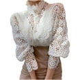 thumbnail image 1 of JGGSPWM Women’s Elegant Lace Trim Shirts Casual Retro Blouse Long Sleeve Button Down Blouse Tops White XL, 1 of 9