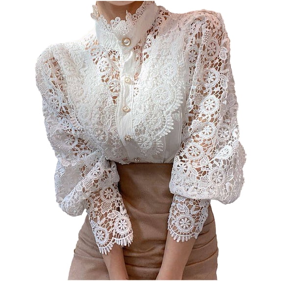 JGGSPWM Women’s Elegant Lace Trim Shirts Casual Retro Blouse Long Sleeve Button Down Blouse Tops White XL
