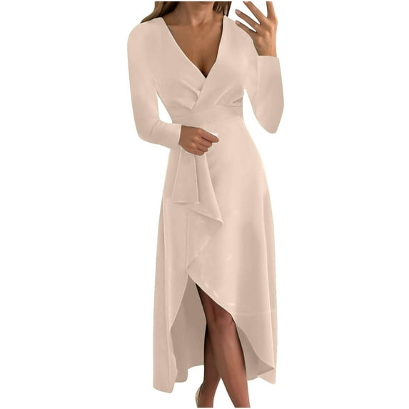 JGGSPWM Women's Elegant Long Sleeve V Neck Asymmetric Hem Midi Dresses Khaki 2XL