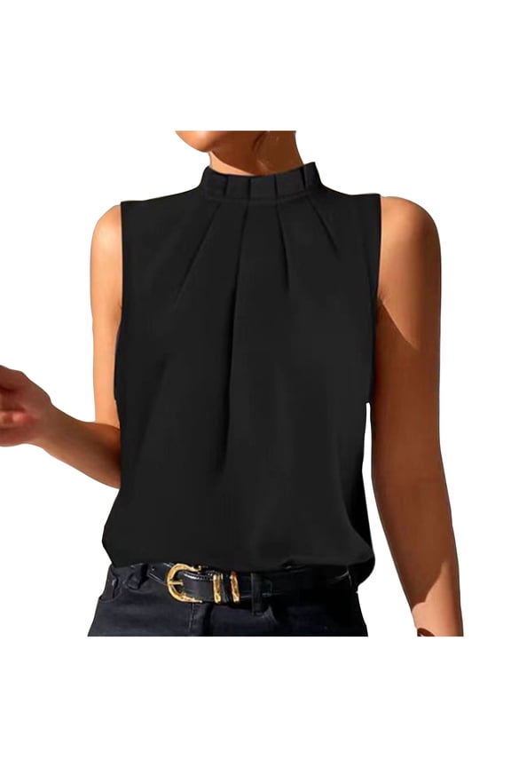 Women's Elegant Office Sleeveless High Neck Tank Top Solid Pleated Ruffle Standing Collar Ruched Blouse Cami Tops Black L