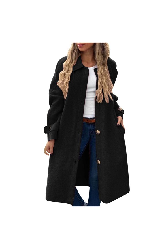 Women's Elegant Pea Coat Single Breasted Winter Overcoat with Pockets Big Lapel Open Front Long Jacket Black 3XL