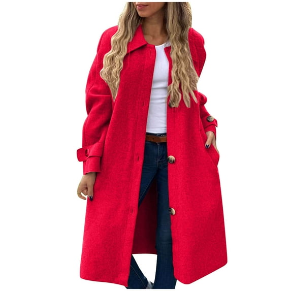 JGGSPWM Women's Elegant Pea Coat Single Breasted Winter Overcoat with Pockets Big Lapel Open Front Long Jacket Red 4XL