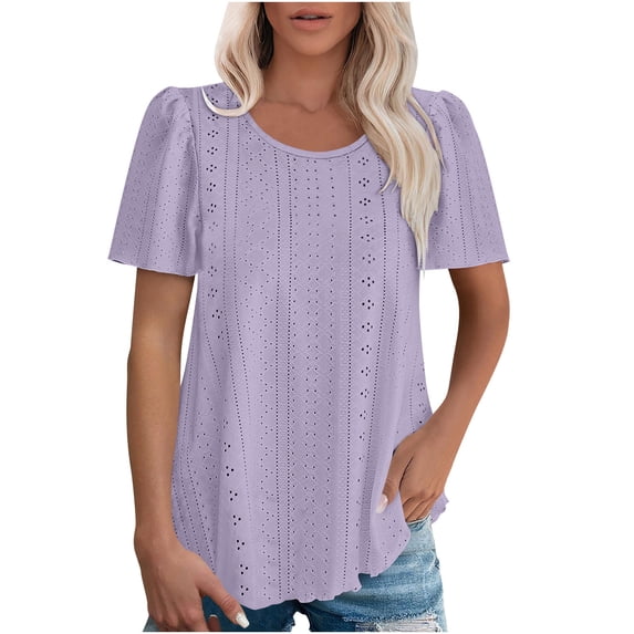 JGGSPWM Women's Embroidered Eyelet Spring Summer Trendy Casual Short Sleeve Blouse T-Shirts Going Out Tops Purple 2XL