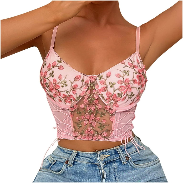 JGGSPWM Women's Embroidery Lace Up Crop Cami Top Spaghetti Strap Fitted  Camisole Y2k Crop Tops Fairy Tank Top Floral Vest Bottom to Wear with  Cardigan Pink L 
