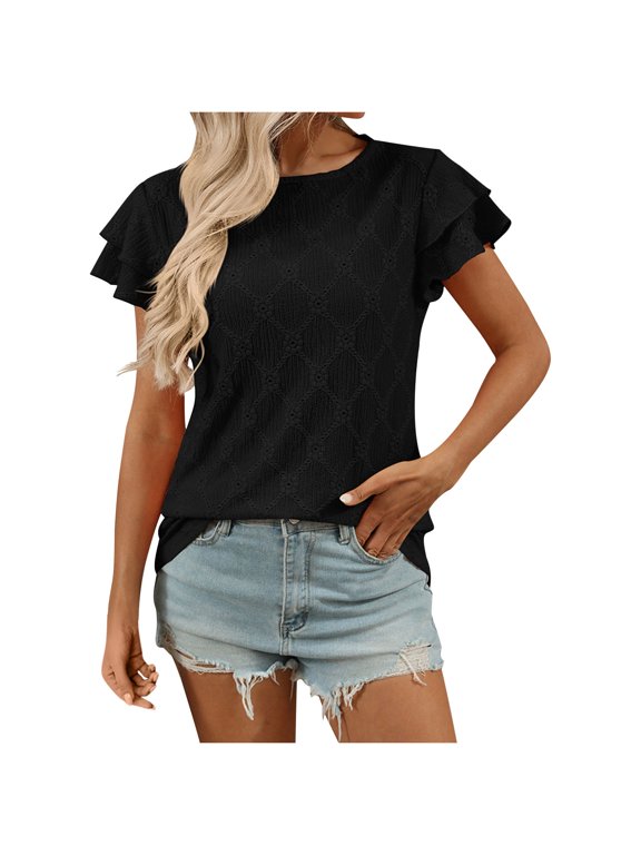 Women's Eyelet Hollow Out Summer Crew Neck Flutter Sleeve Flowy Loose Fashion Elegant Casual Tees Shirt Blouse Black XL