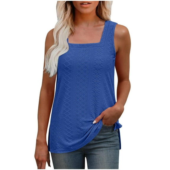 JGGSPWM Women's Eyelet Tank Tops Square Neck Loose Fit Summer Casual Basic Flowy Sleeveless Fashion Blue S