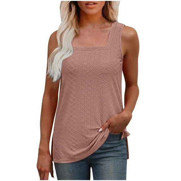JGGSPWM Women's Eyelet Tank Tops Square Neck Loose Fit Summer Casual Basic Flowy Sleeveless Fashion Pink M