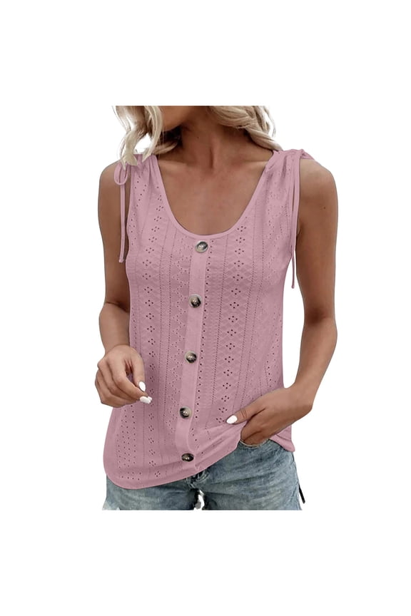 Women's Eyelet Tank Tops Summer U Neck Tie Shoulder Button Down Embroidery Sleeveless Shirt Pink 4XL