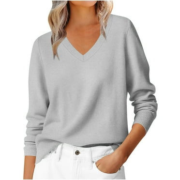 JGGSPWM Women's Fall Cotton Sweaters Casual Classic Solid Long Sleeve V Neck Soft Loose Basic Pullover Top Lightweight Knit Tops Gray XXL