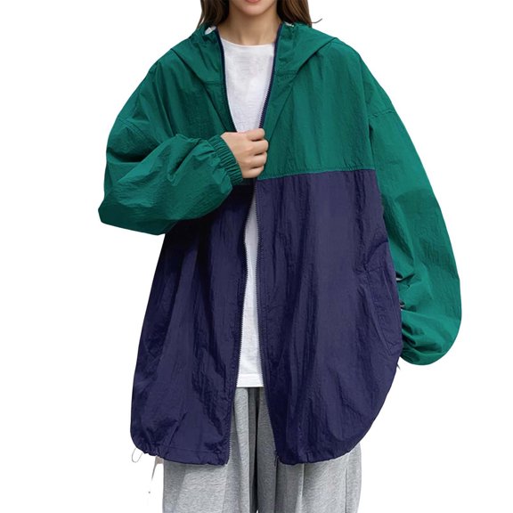 JGGSPWM Women's Fall Outdoor Vintage Colorblocking Loose Hooded Sunscreen Zipper Drawstring Jacket Top Winter Coat Green M
