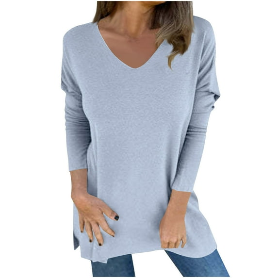 JGGSPWM Women's Fall Oversized V Neck Knit Tunic Solid Long Sleeve Loose Fit Pullover Sweaters Gray L