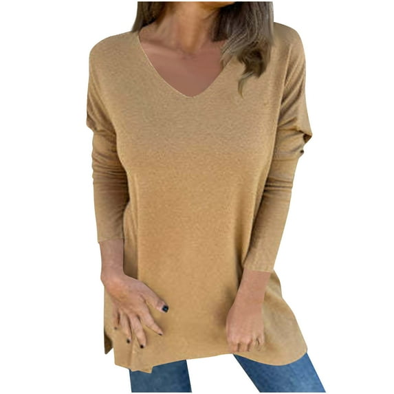 JGGSPWM Women's Fall Oversized V Neck Knit Tunic Solid Long Sleeve Loose Fit Pullover Sweaters Khaki L
