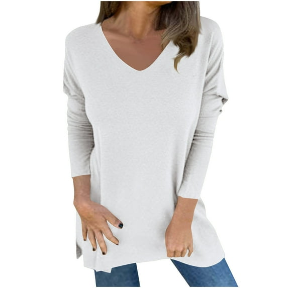JGGSPWM Women's Fall Oversized V Neck Knit Tunic Solid Long Sleeve Loose Fit Pullover Sweaters White L