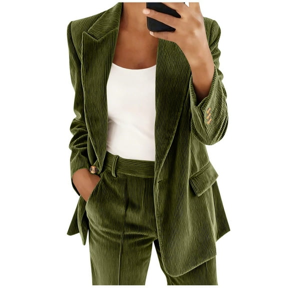 JGGSPWM Women's Fashion Casual Corduroy Fake Pocket Button Long Sleeve Jacket with Lapel Collar Cardigan Blazer Top Green L