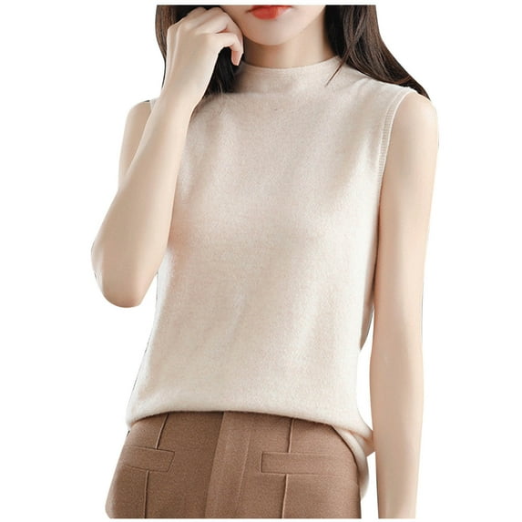 JGGSPWM Women’s Fashion Casual Solid Color Tops Sleeveless Turtleneck Tank Tops Pullover Knit Slim Fit Casual Sweater Vest Beige S