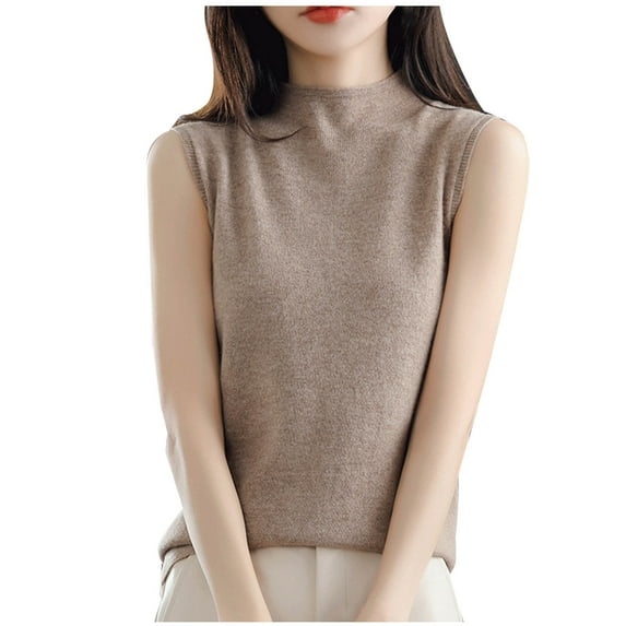 JGGSPWM Women’s Fashion Casual Solid Color Tops Sleeveless Turtleneck Tank Tops Pullover Knit Slim Fit Casual Sweater Vest Brown S