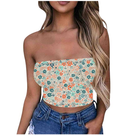 JGGSPWM Women's Fashion Casual Strapless Print Tube Tops Strapless Sleeveless Bandeau Basic Crop Top Beige M